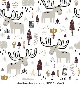 Seamless childish forest pattern with moose. Creative kids woodland texture for fabric, wrapping, textile, wallpaper, apparel. Vector illustration