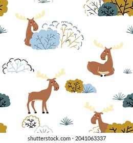 Seamless childish forest pattern with moose and floral elements. Cute vector hand drawn moose background in Scandinavian style. Perfect for wallpapers, fabric, textile. Pastel colors