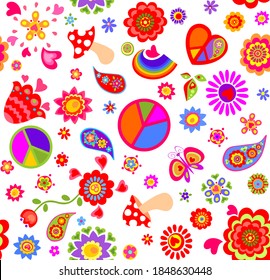 Seamless childish funny wallpaper with peace symbol, flower-power, daisy, fly agaric, paisley, butterflies and rainbow for bag design, fashion print, wrapping paper