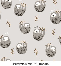 Seamless childish jungle pattern with baby sloth jungle florals. Perfect for fabric,textile. Creative Vector background