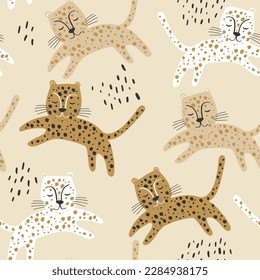 Seamless childish jungle pattern with cartoon leopards. Perfect for fabric,textile. Creative Vector background