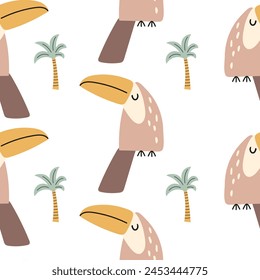 Seamless childish jungle pattern with cute toucan. Perfect for fabric, textile, nursery posters. Vector illustrations