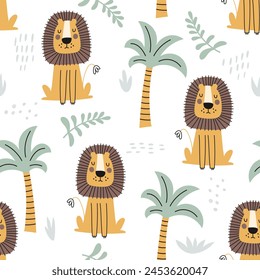 Seamless childish jungle pattern with cute lion. Perfect for fabric, textile, nursery posters. Vector illustrations