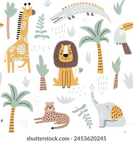 Nahtloses kindisches Dschungelmuster mit niedlichem Löwen, Krokodil, Giraffe, Elefant, Leopard, Tukan. Perfekt für Stoff, Textil, Kinderposter. Vektorillustrationen