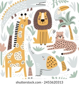 Seamless childish jungle pattern with cute lion, crocodile, giraffe, elephant, leopard, toucan. Perfect for fabric, textile, nursery posters. Vector illustrations