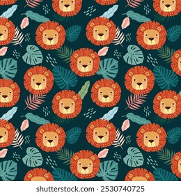 Seamless childish jungle pattern with cute lion. Perfect for fabric, textile, nursery posters. Vector illustrations.