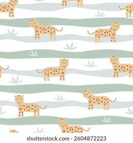 Seamless childish jungle pattern with cute leopard. Perfect for fabric, textile
