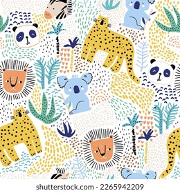 Seamless childish jungle pattern with funny animals, hand drawn and tropical florals. Perfect for fabric,textile. Creative Vector background