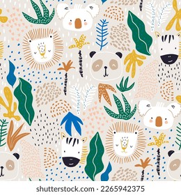 Seamless childish jungle pattern with funny animals and tropical florals. Perfect for fabric,textile. Creative Vector background