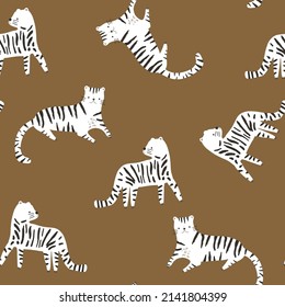 Patrón de jungla infantil sin foco con tigres dibujados a mano. Perfecto para tela, textil. Fondo del vector creativo