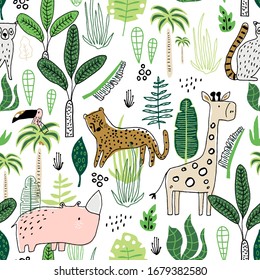 Seamless childish jungle pattern with leopard, giraffe, toucan, rhinoceros and jungle florals. Perfect for fabric,textile. Creative Vector background