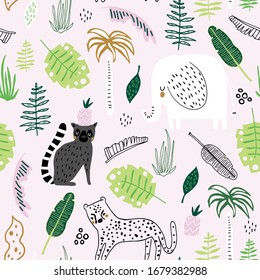 Seamless childish jungle pattern with leopard, lemur, elephant and jungle florals. Perfect for fabric,textile. Creative Vector background