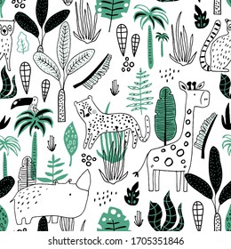 Seamless childish jungle pattern with leopard, giraffe, toucan, rhinoceros and jungle florals. Perfect for fabric,textile. Creative Vector background