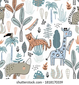 Seamless childish jungle pattern with leopard, giraffe, toucan, rhinoceros and jungle florals. Perfect for fabric,textile. Creative Vector background