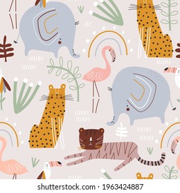 Seamless childish jungle pattern with leopard, elephant, tiger, toucan, flamingo and jungle plants. Perfect for fabric,textile. Creative Vector background