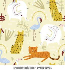 Seamless childish jungle pattern with leopard, elephant, tiger, toucan, flamingo and jungle plants. Perfect for fabric,textile. Creative Vector background