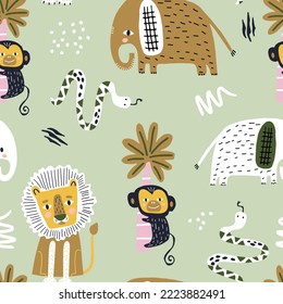 Seamless childish jungle pattern with lion, snake, elephant, monkey and palms. Perfect for fabric,textile. Creative Vector background