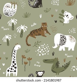 Seamless childish jungle pattern with tiger, crocodile, giraffe, sloth, monkey, monkey, elephant and jungle florals. Perfect for fabric,textile. Creative Vector background