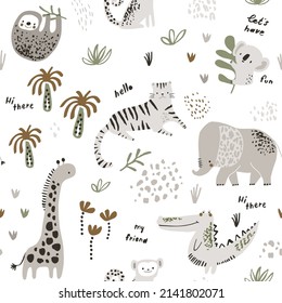 Seamless childish jungle pattern with tiger, crocodile, giraffe, sloth, monkey, monkey, elephant and jungle florals. Perfect for fabric,textile. Creative Vector background