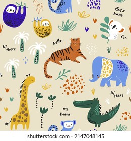 Seamless childish jungle pattern with tiger, crocodile, giraffe, sloth, monkey, monkey, elephant and jungle florals. Perfect for fabric,textile. Creative Vector background