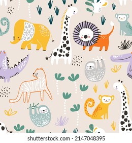 Seamless childish jungle pattern with tiger, lion, crocodile, giraffe, sloth, monkey, monkey, elephant and jungle florals. Perfect for fabric,textile. Creative Vector background