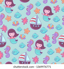 seamless childish kawaii nautical vector pattern with cute mermaids and boats. Trendy vector illustration  for wrapping paper, textile print, wallpaper
