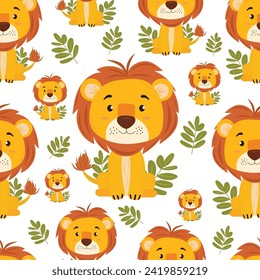 Seamless childish lion pattern on isolated background. Cartoon vector character. For children's wallpaper, wrapping paper, children's books.