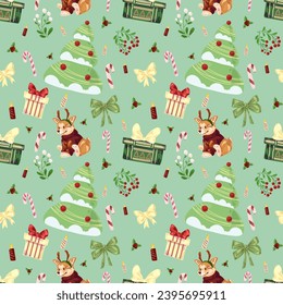 Seamless childish mint Christmas pattern with welsh corgi ,Christmas tree, mistletoe, candies and candles