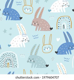 Seamless childish modern pattern with cute hand drawn rabbits. Creative kids hand drawn texture for fabric, wrapping, textile, wallpaper, apparel. Vector illustration