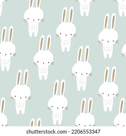 Seamless childish modern pattern with cute white rabbits. Creative kids hand drawn texture for fabric, wrapping, textile, wallpaper, apparel. Vector illustration