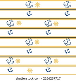 Seamless childish nautical pattern anchor and helm on a striped background.