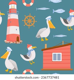 Seamless childish nautical pattern with cute sailor pelican, seagull and lighthouse. Funny vector characters on blue background