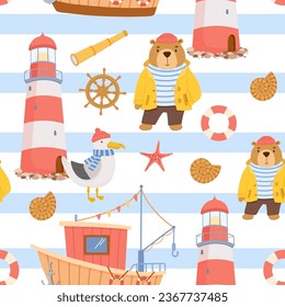 Seamless childish nautical pattern with cute sailor bear, seagull and lighthouse. Funny vector characters on white background