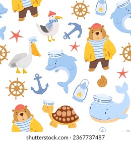 Seamless childish nautical pattern with cute sailor bear, seagull and dolphin. Funny vector characters on white background