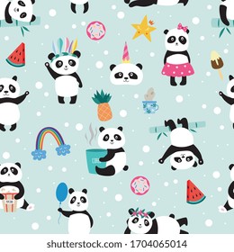 Seamless childish panda bear pattern on light blue background, flat vector illustration. Endless repeatable texture or wallpaper design with cute animal and sweets.
