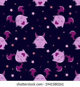 Seamless childish pastel color pattern with aliens, monsters. Cute cartoon monsters with wings and horns on dark background. Vector illustration. Eps 10.