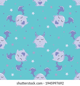 Seamless childish pastel color pattern with aliens, monsters. Cute cartoon monsters with wings and horns on blue background. Vector illustration. Eps 10.