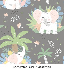 Seamless childish patter with baby elephants in the jungle. Dark background. Good for textiles, fabrics, wallpaper. Flat design, vector illustration