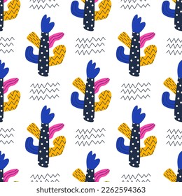 Seamless childish pattern with abstract plants isolated on a white background. Simple floral vector flat illustration for design of fabric, paper, and other surfaces