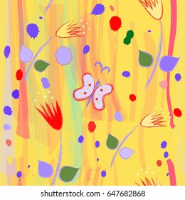 Seamless childish pattern with abstract tulips and butterfly on colorful grunge striped and stained background