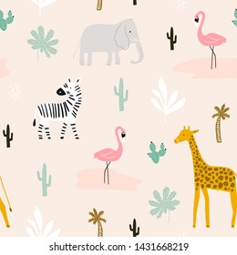 Seamless childish pattern with african animals. Creative scandinavian kids texture for fabric, wrapping, textile, wallpaper, apparel. Vector illustration