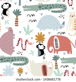 Seamless childish pattern with african animals. Creative scandinavian style kids texture for fabric, wrapping, textile, wallpaper, apparel. Vector illustration