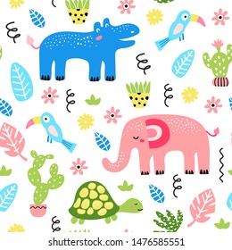 Seamless childish pattern with african animals. Creative scandinavian style kids texture for fabric, wrapping, textile, wallpaper, apparel. Vector illustration