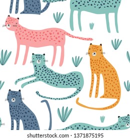 Seamless childish pattern with African leopards. Creative scandinavian kids texture for fabric, wrapping, textile, wallpaper, apparel. Vector illustration background in pink, green and yellow.