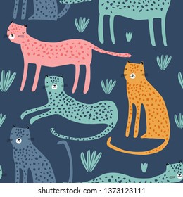 Seamless childish pattern with African leopards. Creative scandinavian kids texture for fabric, wrapping, textile, wallpaper, apparel. Vector illustration background in pink, green and yellow.