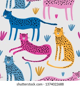 Seamless childish pattern with African leopards. Creative scandinavian kids texture for fabric, wrapping, textile, wallpaper, apparel. Vector illustration background in pink, green and yellow.