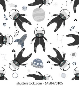 Seamless childish pattern with animal in the space, planets and comets. Design for fabric, wrapping, textile, wallpaper, apparel. Vector illustration.