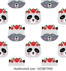 Seamless childish pattern with animals faces and floral wreath. Kids design for fabric, wrapping, textile, wallpaper, apparel. Scandinavian style.Vector illustration.
