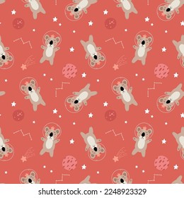 Seamless childish pattern with astronaut koala, planet, stars and constellation. Creative scandinavian kids texture for fabric, wrapping, textile, wallpaper, apparel.