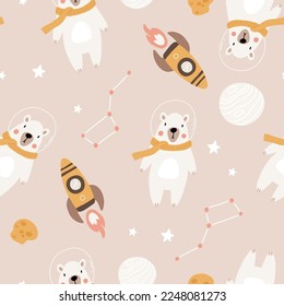 Seamless childish pattern with astronaut polar bears, planet, stars and constellation. Creative scandinavian kids texture for fabric, wrapping, textile, wallpaper, apparel.
